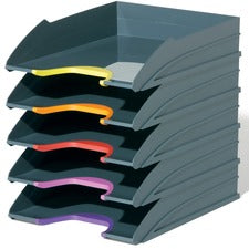DURABLE&reg; VARICOLOR&reg; Stackable 5 Letter Trays - 10-1/2" W x 13-1/4" H x 13-1/4" HD- Color Labeled - Multi / Charcoal - Set of 5