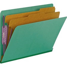 End Tab Pressboard Classification Folders, Six Safeshield Fasteners, 2" Expansion, 2 Dividers, Letter Size, Green, 10/box