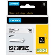 Rhino Permanent Vinyl Industrial Label Tape, 0.5" X 18 Ft, White/black Print