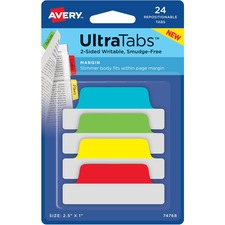 Ultra Tabs Repositionable Tabs, Margin Tabs: 2.5" X 1", 1/5-cut, Assorted Colors, 24/pack