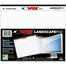 Wide Landscape Format Writing Pad, Unpunched With Standard Back, Medium/college Rule, 40 White 11 X 9.5 Sheets