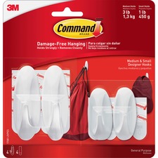 General Purpose Designer Hooks, Small/medium, Plastic, White, 1lb And 3 Lb Capacities, 4 Hooks And 4 Strips/pack