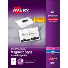 Magnetic Style Name Badge Kit, Horizontal, 4" X 3", White, 48/pack