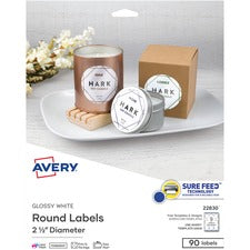 Round Print-to-the Edge Labels With Surefeed, 2.5" Dia, Glossy White, 90/pk