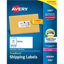 Shipping Labels W/ Trueblock Technology, Laser Printers, 2 X 4, White, 10/sheet, 250 Sheets/box
