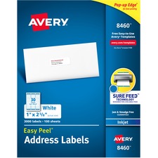 Easy Peel White Address Labels W/ Sure Feed Technology, Inkjet Printers, 1 X 2.63, White, 30/sheet, 100 Sheets/box