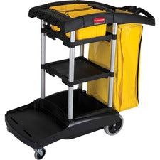 High Capacity Cleaning Cart, Plastic, 4 Shelves, 2 Bins, 21.75" X 49.75" X 38.38", Black