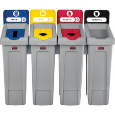 Slim Jim Recycling Station Kit, 4-stream Landfill/paper/plastic/cans, 92 Gal, Plastic, Blue/gray/red/yellow