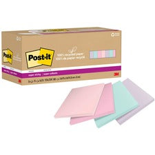 100% Recycled Paper Super Sticky Notes, 3" X 3", Wanderlust Pastels, 70 Sheets/pad, 24 Pads/pack