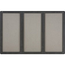 Enclosed Indoor Fabric Bulletin Board With Three Hinged Doors, 72 X 48, Gray Surface, Graphite Aluminum Frame