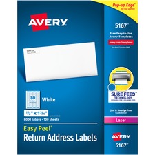 Easy Peel White Address Labels W/ Sure Feed Technology, Laser Printers, 0.5 X 1.75, White, 80/sheet, 100 Sheets/box