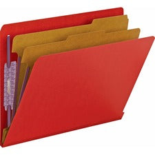 End Tab Pressboard Classification Folders, Six Safeshield Fasteners, 2" Expansion, 2 Dividers, Letter Size, Bright Red, 10/bx