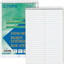 TOPS Steno Books - 80 Sheets - Wire Bound - Gregg Ruled Margin - 6" x 9" - White Paper - Hardboard Cover - WireLock - 12 / Pack