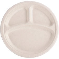 Genuine Joe 3-compartment Disposable Plates - Breakroom, Office - Disposable - White, Natural - Sugarcane Body - 10 / Carton