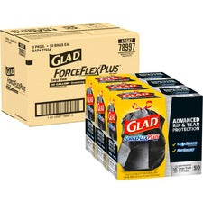 Glad ForceFlexPlus Drawstring Large Trash Bags - Large Size - 30 gal Capacity - 30" Width x 32.01" Length - 0.90 mil (23 Micron) Thickness - Black - 3/Carton - 50 Per Box - Garbage, Indoor, Outdoor, Home, Office, Restaurant, Commercial