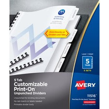 Customizable Print-on Dividers, Unpunched, 5-tab, 11 X 8.5, White, 5 Sets