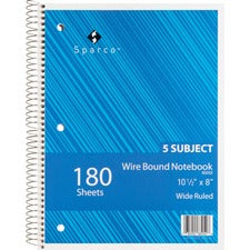 Sparco Quality Wirebound Wide Ruled Notebooks - 180 Sheets - Wire Bound - Wide Ruled - Unruled Margin - 16 lb Basis Weight - 8" x 10 1/2" - Bright White Paper - AssortedChipboard Cover - Resist Bleed-through, Stiff-back, Subject, Stiff-cover - 1 Each