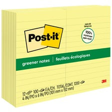Original Recycled Note Pads, Note Ruled, 4" X 6", Canary Yellow, 100 Sheets/pad, 12 Pads/pack
