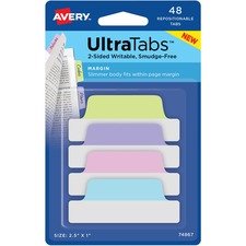 Ultra Tabs Repositionable Tabs, Margin Tabs: 2.5" X 1", 1/5-cut, Assorted Pastel Colors, 48/pack