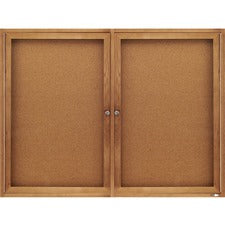 Enclosed Indoor Cork Bulletin Board With Two Hinged Doors, 48 X 36, Natural Surface, Oak Fiberboard Frame