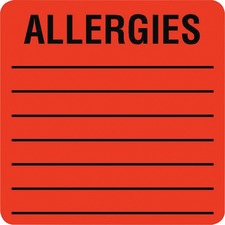 Allergy Warning Labels, Allergies, 2 X 2, Fluorescent Red, 500/roll