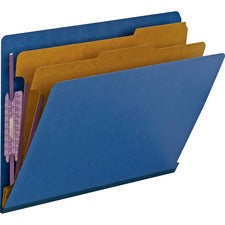End Tab Pressboard Classification Folders, Six Safeshield Fasteners, 2" Expansion, 2 Dividers, Letter Size, Dark Blue, 10/box