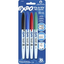 Vis-a-vis Wet Erase Marker, Fine Bullet Tip, Assorted Colors, 4/set