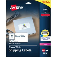 Glossy White Easy Peel Mailing Labels W/ Sure Feed Technology, Laser Printers, 2 X 4, White, 10/sheet, 25 Sheets/pack