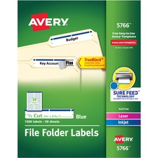 Permanent Trueblock File Folder Labels With Sure Feed Technology, 0.66 X 3.44, Blue/white, 30/sheet, 50 Sheets/box