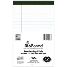 Roaring Spring USDA Certified Bio-Preferred Junior Size Legal Pads - 40 Sheets - 80 Pages - Printed - Stapled/Tapebound - Both Side Ruling Surface - Double Line Red Margin - 20 lb Basis Weight - 75 g/m&#178; Grammage - 8" x 5" - 3" x 5" x 8" - White Paper