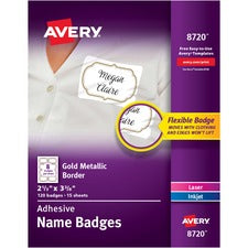 Flexible Adhesive Name Badge Labels, 3 3/8 X 2 1/3, White/gold Border, 120/pk