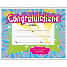 Congratulations Colorful Classic Certificates, 11 X 8.5, Horizontal Orientation, Assorted Colors With White Border, 30/pack