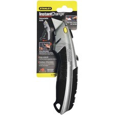Curved Quick-change Utility Knife, Stainless Steel Retractable Blade, 3 Blades, 6.5" Metal Handle, Black/chrome