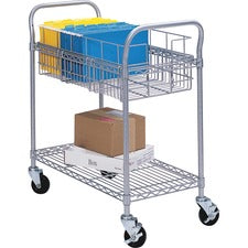 Dual-purpose Wire Mail And Filing Cart, Metal, 1 Shelf, 1 Bin, 39" X 18.75" X 38.5", Metallic Gray