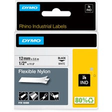 Rhino Flexible Nylon Industrial Label Tape, 0.5" X 11.5 Ft, White/black Print