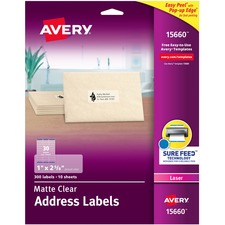 Matte Clear Easy Peel Mailing Labels W/ Sure Feed Technology, Laser Printers, 1 X 2.63, Clear, 30/sheet, 10 Sheets/pack