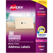Matte Clear Easy Peel Mailing Labels W/ Sure Feed Technology, Laser Printers, 1 X 2.63, Clear, 30/sheet, 50 Sheets/box