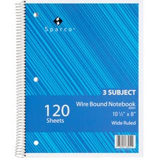 Sparco Quality Wirebound Wide Ruled Notebooks - 120 Sheets - Wire Bound - Wide Ruled - Unruled Margin - 16 lb Basis Weight - 8" x 10 1/2" - Bright White Paper - AssortedChipboard Cover - Resist Bleed-through, Subject, Stiff-cover, Stiff-back - 1 Each