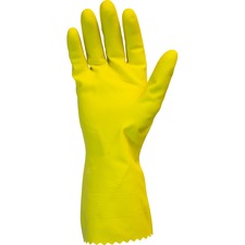 Safety Zone Yellow Flock Lined Latex Gloves - Chemical Protection - X-Large Size - Yellow - Pinked Cuff, Fish Scale Grip, Flock-lined - For Dishwashing, Cleaning, Meat Processing - 18 mil Thickness - 12" Glove Length