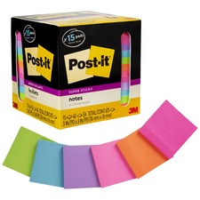 Post-it&reg; Super Sticky Notes - 15 - 3" x 3" - Square - 45 Sheets per Pad - Neon Orange, Tropical Pink, Power Pink, Iris, Blue Paradise, Neon Green Limeade - Adhesive, Recyclable - 15 / Pack