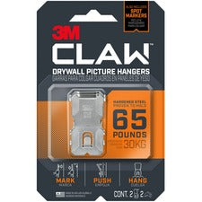 3M CLAW Drywall Picture Hanger - 65 lb (29.48 kg) Capacity - 2" Length - for Pictures, Project, Mirror, Frame, Home, Decoration - Steel - Gray - 2 / Pack