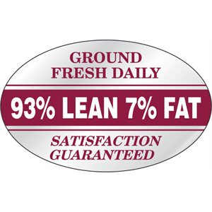 Label - 93% Lean 7% Fat Ground Fresh White/Mar On Silver 1.25x2oval In. 500/rl