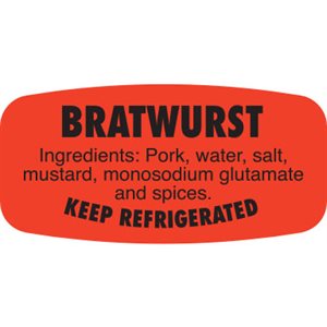 Label - Bratwurst (w/ing) Black On Red Short Oval 1000/Roll