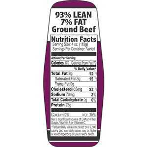 Label - Ground Beef 93%/7% W/nut Fact Pur/Black 1.5x3.62 In. Special 500/RL