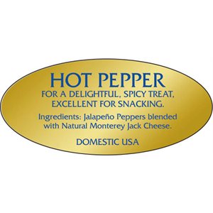 Label - Hot Pepper W/descr Blue On Gold 0.875x1.9 In. Oval 500/Roll