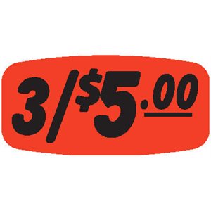 Label - 3/$5.00 Black On Red Short Oval 1000/Roll