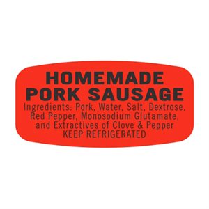 Label - Homemade Pork Sausage (w/ing) Black On Red Short Oval 1000/Roll