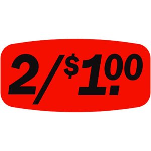 Label - 2/$1.00 Black On Red Short Oval 1000/Roll
