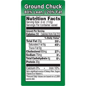 Label - Ground Chuck-80% Lean/20% Fat (nut Fact) Green/Black/UV 1.5x3.0 In. 1M/Roll