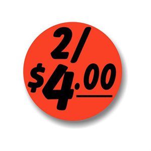 Label - 2/$4.00 Black On Red 1.25 In. Circle 1M/Roll